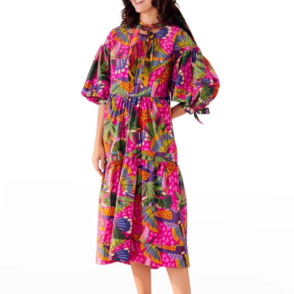 Farm Rio Tropical Bird Print Midi Dress Puff Sleeve Tiered Size S